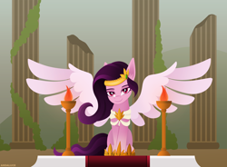 Size: 3000x2211 | Tagged: safe, artist:andaluce, pipp petals, pegasus, pony, g5, adorapipp, cute, female, high res, jewelry, lineless, looking at you, mare, red eyes, red-eyed pipp, regalia, ruins, smiling, solo, spread wings, temple, wings