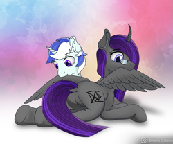 Size: 1731x1440 | Tagged: dead source, safe, artist:etheria galaxia, oc, oc only, oc:etheria galaxia, oc:scratch wub, alicorn, pony, unicorn, alicorn oc, butt, cute, dock, duo, featureless crotch, female, grooming, horn, male, mare, plot, preening, ship:scratchtheria, shipping, simple background, stallion, tail, wings