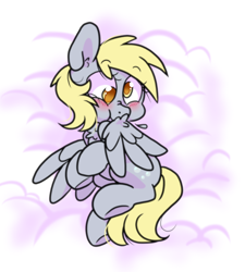 Size: 818x908 | Tagged: safe, artist:paperbagpony, derpy hooves, pegasus, pony, g4, blushing, chest fluff, cloud, cute, derpabetes, ear fluff, feather, grooming, preening, solo, sweet dreams fuel