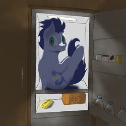 Size: 1500x1500 | Tagged: safe, artist:shoophoerse, soarin', pegasus, pony, g4, blushing, bread, cheese, folded wings, food, looking at you, milk, pony in fridge, refrigerator, solo, wings