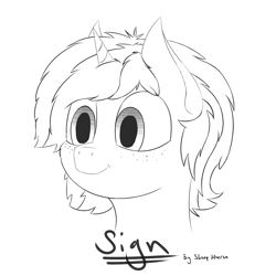Size: 1500x1500 | Tagged: safe, artist:shoophoerse, oc, oc only, oc:sign, pony, unicorn, fanart, freckles, monochrome, signature, simple background, sketch, smiling, solo, white background