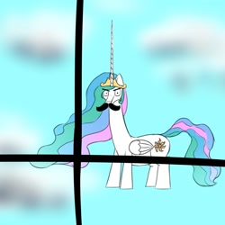 Size: 1500x1500 | Tagged: safe, artist:shoophoerse, princess celestia, alicorn, pony, g4, cloud, facial hair, floating, folded wings, horn, long horn, looking at you, meme, moustache, moustachlestia, sky, solo, window, wings