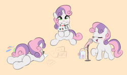 Size: 4108x2440 | Tagged: safe, artist:parfait, sweetie belle, pony, unicorn, g4, cute, diasweetes, dock, drawing, eyes closed, female, filly, heart, lying down, microphone, mouth hold, open mouth, paper, prone, raised hoof, sign, singing, sitting, solo