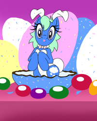 Size: 1200x1500 | Tagged: safe, artist:dashingjack, oc, oc:brainstorm, earth pony, pony, bunny suit, candy, chocolate egg, clothes, crossdressing, easter egg, food, jelly beans, male, micro, shrunken, stallion