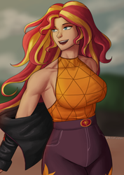 Size: 2480x3508 | Tagged: safe, artist:nire, sunset shimmer, equestria girls, g4, armpits, bare shoulders, breasts, busty sunset shimmer, clothes, eyeshadow, female, high res, jacket, jeans, leather jacket, makeup, pants, sideboob, sleeveless, smiling, solo