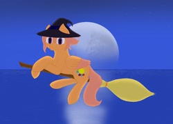 Size: 2500x1800 | Tagged: safe, artist:shoophoerse, oc, oc only, oc:shoop, pegasus, pony, broom, clothes, costume, halloween, halloween costume, hat, holiday, lying down, moon, moonlight, night, ocean, purple eyes, reflection, solo, stars, witch hat