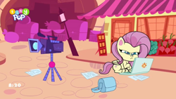 Size: 1024x576 | Tagged: safe, screencap, fluttershy, pegasus, pony, g4.5, my little pony: pony life, the crystal capturing contraption, spoiler:pony life s02e02, bag, camera, computer, laptop computer, tripod