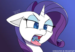 Size: 1280x899 | Tagged: safe, artist:ninegates, rarity, trixie, pony, unicorn, g4, digital art, endosoma, esophagus, female, giantess, group, macro, macro/micro, non-fatal vore, raripred, size difference, slimy, sweat, tongue out, trixie prey, unwilling prey, vore