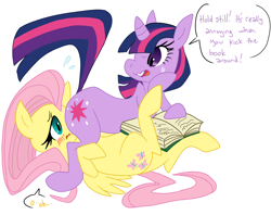 Size: 1922x1519 | Tagged: safe, artist:elslowmo, artist:purplekecleon, fluttershy, twilight sparkle, pegasus, pony, unicorn, g4, angry, blushing, book, couch, cropped, dialogue, duo, embarrassed, faceful of ass, facesitting, female, femdom, femsub, flutterseat, fluttersub, looking at butt, lucky girl, reading, simple background, submissive, text, twidom, unicorn twilight, unwilling, white background, yelling