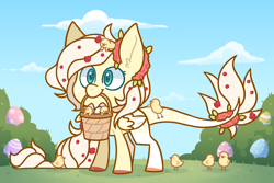 Size: 3000x2000 | Tagged: safe, artist:jetjetj, part of a set, oc, oc only, oc:flora quill, pegasus, pony, basket, chibi, chick, commission, easter egg, female, high res, mare, mouth hold, solo, ych result