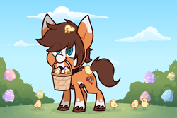 Size: 3000x2000 | Tagged: safe, artist:jetjetj, part of a set, oc, oc only, oc:heart chaser, earth pony, pony, basket, chibi, chick, commission, easter egg, high res, male, mouth hold, solo, stallion, ych result