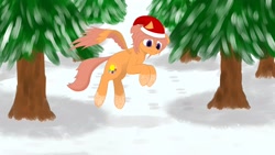 Size: 2560x1440 | Tagged: safe, artist:shoophoerse, oc, oc only, oc:shoop, pegasus, pony, christmas, hat, holiday, jumping, pine tree, santa hat, snow, solo, spread wings, tree, wings