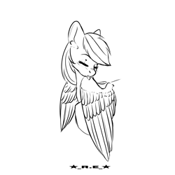 Size: 3500x3500 | Tagged: safe, artist:rise_of_evil_69, rainbow dash, pegasus, pony, g4, black and white, female, grayscale, grooming, high res, mare, monochrome, raised hoof, simple background, sketch, solo, white background, wings