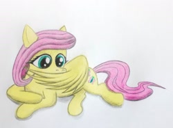 Size: 2432x1794 | Tagged: safe, artist:count oxymagomedov sear, fluttershy, pegasus, pony, g4, grooming, lying down, preening, solo, traditional art, wings