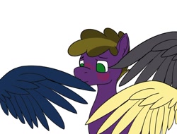 Size: 1160x883 | Tagged: safe, artist:wyntermoon, oc, oc only, oc:wyntermoon, earth pony, pony, blushing, feather, grooming, male, male focus, malesub, no pupils, offscreen character, preening, simple background, smiling, solo focus, spread wings, stallion, submissive, white background, wings