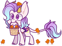 Size: 2283x1716 | Tagged: safe, alternate version, artist:jetjetj, part of a set, oc, oc only, oc:scale, pony, basket, chibi, chick, commission, easter egg, female, horns, mouth hold, simple background, solo, transparent background, ych result