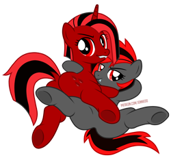 Size: 1200x1124 | Tagged: safe, artist:jennieoo, oc, oc:bloodline, oc:scarlet requiem, earth pony, pony, unicorn, vampire, butt, cute, cute little fangs, fangs, female, grin, lesbian, plot, red and black mane, red and black oc, show accurate, simple background, smiling, spread legs, spreading, transparent background