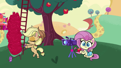 Size: 1920x1080 | Tagged: safe, screencap, applejack, fluttershy, earth pony, pegasus, pony, g4.5, my little pony: pony life, the crystal capturing contraption, apple, apple tree, bipedal, camera, female, food, mare, sweet apple acres, tree