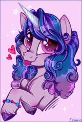 Size: 542x807 | Tagged: safe, artist:esmeia, izzy moonbow, pony, unicorn, g5, blushing, bracelet, bust, cheek fluff, cute, eyebrows, eyebrows visible through hair, eyelashes, female, heart, heart eyes, izzybetes, jewelry, looking at you, mare, raised hoof, silly, silly pony, solo, sparkles, stars, text, tongue out, unshorn fetlocks, wingding eyes