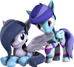 Size: 2280x2082 | Tagged: safe, artist:melodismol, artist:oceanicskiespon, oc, oc only, oc:cosmic oceans, oc:sierra nightingale, pegasus, pony, 3d, clothes, grooming, high res, looking at each other, preening, simple background, socks, source filmmaker, striped socks, transparent background