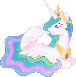 Size: 4500x4578 | Tagged: safe, artist:johnjoseco, artist:negatif22, princess celestia, alicorn, pony, g4, absurd resolution, biting, crown, cute, cutelestia, eyes closed, female, grooming, jewelry, lying down, mare, ponyloaf, preening, prone, regalia, simple background, solo, transparent background, vector, wing bite