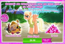 Size: 1020x691 | Tagged: source needed, safe, gameloft, screencap, mane allgood, pegasus, pony, g4, clothes, costs real money, female, gem, introduction card, mare, solo, somnambula (location), somnambula fresco