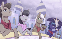 Size: 1900x1200 | Tagged: safe, artist:inuhoshi-to-darkpen, beauty brass, concerto, frederic horseshoepin, octavia melody, parish nandermane, earth pony, pony, g4, clothes, coffee, drink, ear fluff, female, male, mare, open mouth, scarf, snow, stallion