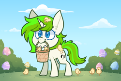 Size: 3000x2000 | Tagged: safe, artist:jetjetj, part of a set, oc, oc only, oc:vinyl mix, pony, unicorn, basket, chibi, chick, commission, easter egg, female, high res, mare, mouth hold, solo, ych result