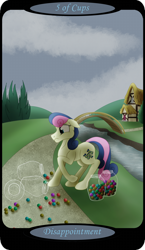 Size: 1500x2591 | Tagged: safe, artist:sixes&sevens, part of a set, bon bon, sweetie drops, earth pony, pony, g4, accident, bridge, candy, female, five of cups, food, gumball, house, minor arcana, outdoors, ponyville, river, solo, spill, stream, tarot card, tree, water