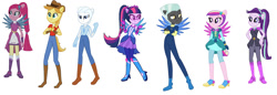 Size: 1280x441 | Tagged: safe, artist:diana173076, artist:elementalalchemist03, braeburn, double diamond, pinkie pie, princess cadance, sci-twi, starlight glimmer, thunderlane, twilight sparkle, equestria girls, g4, alternate universe, base used, blue wings, boots, clothes swap, crystal guardian, crystal wings, equestria girls-ified, high heel boots, pink wings, pinkamena diane pie, shoes, super ponied up, wings