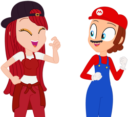 Size: 2225x2037 | Tagged: safe, artist:user15432, artist:yaya54320bases, human, equestria girls, g4, backwards ballcap, barely eqg related, base used, baseball cap, cap, clothes, crossover, duo, equestria girls style, equestria girls-ified, eyes closed, gloves, hand on hip, hat, high res, long sleeved shirt, long sleeves, male, mario, mario hat, mario's hat, nintendo, open mouth, overalls, pants, rainbow high, red hair, ruby anderson, shirt, short sleeves, super mario bros., sweater, undershirt