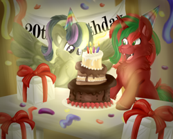 Size: 2500x2000 | Tagged: safe, artist:euspuche, oc, oc:ambrosia firehoof, oc:frozen night, bat pony, bat pony unicorn, hybrid, pegasus, pony, unicorn, birthday, cake, food, hat, high res, horn, looking at each other, party, party hat, present, spread wings, wings