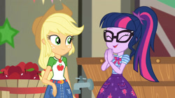 Size: 3410x1920 | Tagged: safe, screencap, applejack, sci-twi, twilight sparkle, equestria girls, equestria girls series, g4, holidays unwrapped, the cider louse fools, spoiler:eqg series (season 2), apple, applejack's hat, bowtie, clothes, cowboy hat, cute, cutie mark on clothes, denim skirt, duo, duo female, eyes closed, female, food, geode of super strength, geode of telekinesis, glasses, hat, jewelry, magical geodes, necklace, open mouth, ponytail, sci-twiabetes, skirt, smiling, twiabetes
