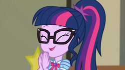 Size: 3410x1920 | Tagged: safe, screencap, sci-twi, twilight sparkle, equestria girls, equestria girls series, g4, holidays unwrapped, the cider louse fools, spoiler:eqg series (season 2), ^^, bowtie, cute, eyes closed, female, geode of telekinesis, glasses, happy, jewelry, magical geodes, necklace, open mouth, ponytail, smiling, solo, twiabetes
