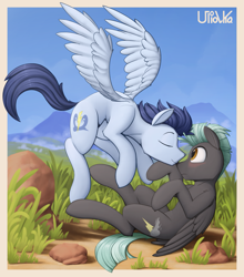 Size: 1995x2269 | Tagged: safe, artist:uliovka, soarin', thunderlane, pegasus, pony, backwards cutie mark, blushing, cute, day, eyes closed, flying, folded wings, gay, grass, kissing, male, mountain, nose kiss, outdoors, scenery, shipping, sky, smiling, soarilane, spread wings, stallion, wings