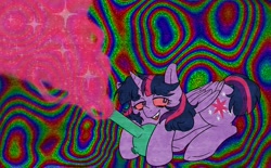 Size: 2610x1614 | Tagged: safe, artist:butterrodent, twilight sparkle, alicorn, pony, g4, bong, drugs, highlight sparkle, lidded eyes, magic, psychedelic, red eyes, smiling, twilight sparkle (alicorn)