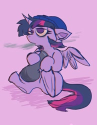 Size: 1000x1288 | Tagged: safe, artist:inkeroo, twilight sparkle, alicorn, pony, g4, beanie, bong, drugs, hat, highlight sparkle, lidded eyes, red eyes, solo, spread wings, twilight sparkle (alicorn), wings