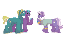 Size: 1280x732 | Tagged: safe, artist:itstechtock, fat stacks, high roller, pearl ring, oc, oc only, pony, unicorn, g4, clothes, las pegasus resident, male, old money, simple background, stallion, transparent background