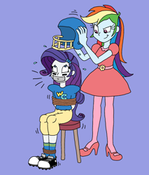 Size: 1388x1631 | Tagged: safe, artist:bugssonicx, rainbow dash, rarity, human, equestria girls, g4, arm behind back, bondage, bound and gagged, clothes, dress, emanata, female, football helmet, football jersey, gag, helmet, high heels, irony, makeover, makeup, rainbow dash always dresses in style, revenge, role reversal, shoes, sitting, sneakers, stool, subverted meme, sweat, sweatdrops, tape, tape gag, tied up, tomboy, tomboy rarity