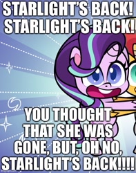 Size: 500x636 | Tagged: safe, artist:orin331, edit, starlight glimmer, sunset shimmer, pony, unicorn, g4, g4.5, my little pony: pony life, bipedal, caption, cropped, cute, duo, fake screencap, glimmerbetes, harsher in hindsight, hug, image macro, male, pony life accurate, shimmerbetes, show accurate, smiling, song reference, spongebob squarepants, squidward tentacles, squidward's back, standing, text