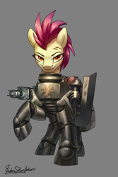Size: 2000x3000 | Tagged: safe, artist:jedayskayvoker, oc, oc only, unnamed oc, earth pony, pony, fallout equestria, armor, commission, female, high res, looking at you, mare, power armor, raised hoof, signature, simple background, solo