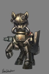 Size: 2000x3000 | Tagged: oc name needed, safe, alternate version, artist:jedayskayvoker, oc, oc only, pony, fallout equestria, armor, female, gray background, helmet, high res, looking at you, mare, power armor, raised hoof, simple background, solo