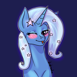 Size: 900x900 | Tagged: safe, artist:draksodia, trixie, g4, blushing, female, horn, mare, one eye closed, stars, tongue out, wink