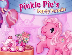 Size: 949x720 | Tagged: safe, pinkie pie (g3), earth pony, pony, g3, balloon, banner, cd-rom, cookie, cup, flower, food, game, heart, party, pinkie pie's party parade, plate, spoon, tea party, teacup, teapot, vase
