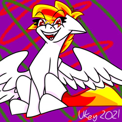 Size: 1280x1280 | Tagged: safe, artist:ukedideka, oc, oc only, oc:lumen afterglow, pegasus, pony, looking at you, pegasus oc, red eyes, red hair, sharp teeth, sitting, smiling, smiling at you, solo, spread wings, tail, teeth, wings