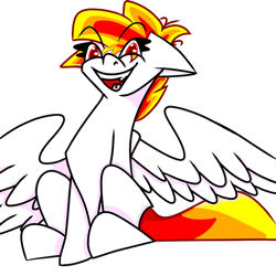 Size: 1280x1280 | Tagged: safe, artist:ukedideka, oc, oc only, oc:lumen afterglow, pegasus, pony, background removed, looking at you, pegasus oc, red eyes, red hair, sharp teeth, sitting, smiling, smiling at you, solo, spread wings, tail, teeth, wings