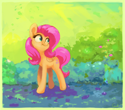 Size: 3062x2700 | Tagged: safe, artist:aemuhn, fluttershy, pegasus, pony, g4, bush, female, folded wings, high res, looking away, mare, outdoors, solo, standing, turned head, wings