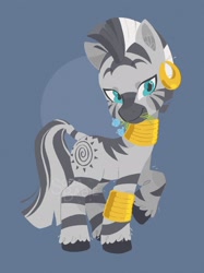 Size: 2048x2732 | Tagged: dead source, safe, artist:vanillavache, zecora, pony, zebra, g4, blue background, bracelet, ear piercing, earring, female, flower, gray background, high res, jewelry, mouth hold, neck rings, piercing, quadrupedal, simple background, solo, zoomorphic