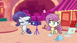 Size: 1920x1080 | Tagged: safe, screencap, fluttershy, rarity, pegasus, pony, unicorn, g4.5, my little pony: pony life, the crystal capturing contraption, bag, camera, computer, female, laptop computer, mare, tripod