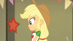 Size: 3410x1920 | Tagged: safe, screencap, applejack, equestria girls, equestria girls specials, g4, my little pony equestria girls: better together, my little pony equestria girls: holidays unwrapped, the cider louse fools, applejack's hat, clothes, cowboy hat, cutie mark, cutie mark on clothes, female, geode of super strength, hat, jewelry, magical geodes, necklace, side view, solo